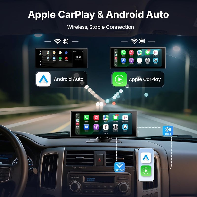 WonVon Wireless Car Play Screen, 10.26'' Monitor with Apple Carplay & Android Auto, 4K Dash Cam 64G, 1080P Backup Camera, Portable Smart Touch Tablet Stereo Multimedia Dashboard, Bluetooth/FM/GPS/AUX - Image 3